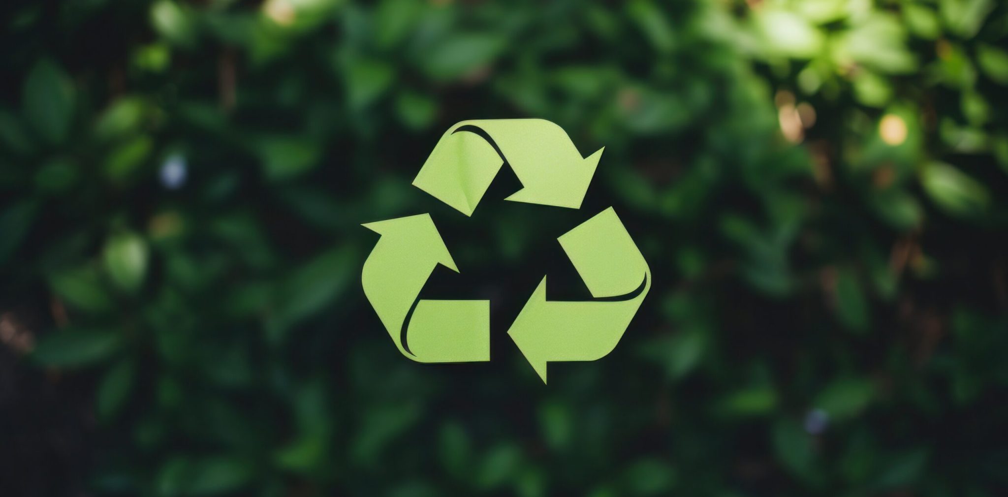 A green recycling symbol in front of green plants, promoting environmental sustainability. Generative AI