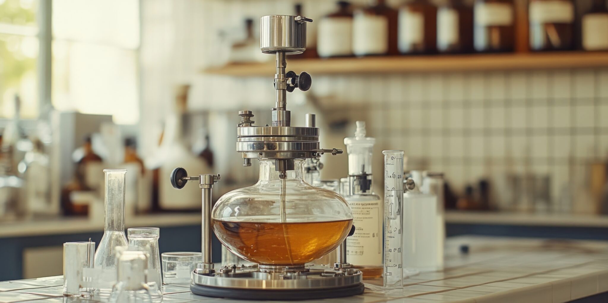 Vintage rotary evaporator with glassware components including rotating flask, condenser, and receiving flask, metal and Bakelite controls detailed under warm directional light from the upper left highlighting chrome fixtures and casting soft shadows on the base surface, set in a classic chemistry lab with faded labels, amber bottles, and tiled countertops blurred in the background, the scene evokes a retro scientific atmosphere filled with curiosity, precision, and analog experimentation, Scientific equipment photography, shot using a Nikon Df with a 50mm f/1.4 vintage lens to enhance nostalgic tones and preserve fine mechanical detail --chaos 10 --ar 5:2 --raw --stylize 250 --v 6.1 Job ID: d71689e7-f837-4527-8c33-62bad6cb283d